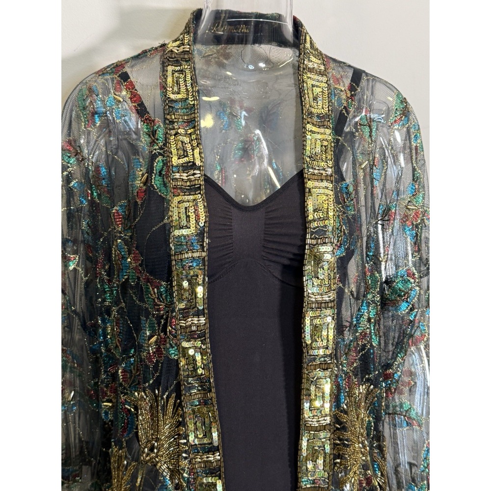 Vintage Ramana Duster Jacket One Size Black Floral Metallic Lame Kimono Cover Up - Picture 5 of 13